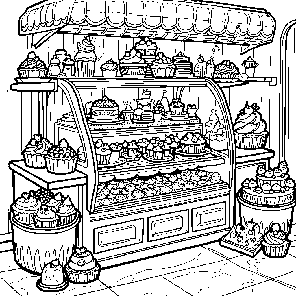 A bakery case with cupcakes, cakes, and pastries