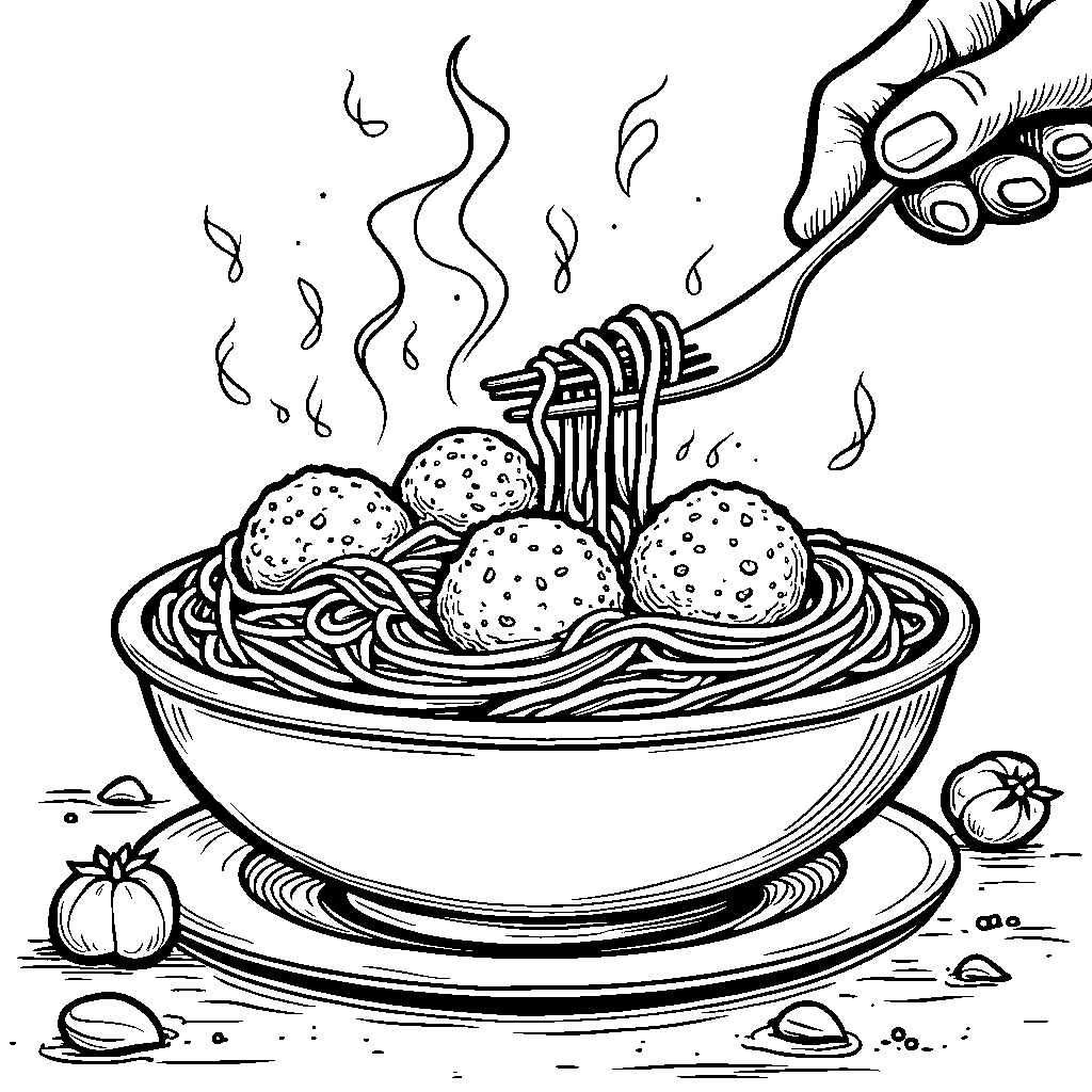 A bowl of spaghetti with a fork and meatballs