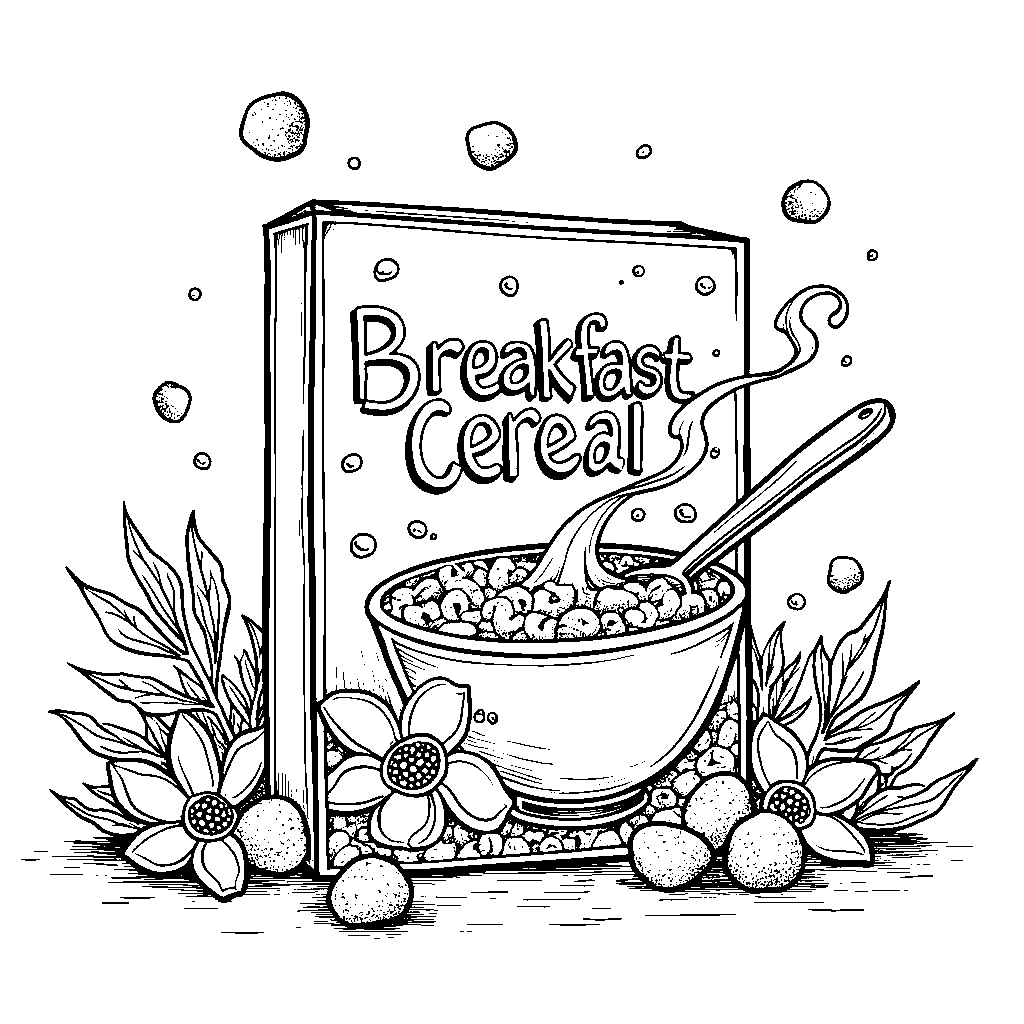 A breakfast cereal box with a spoon and milk