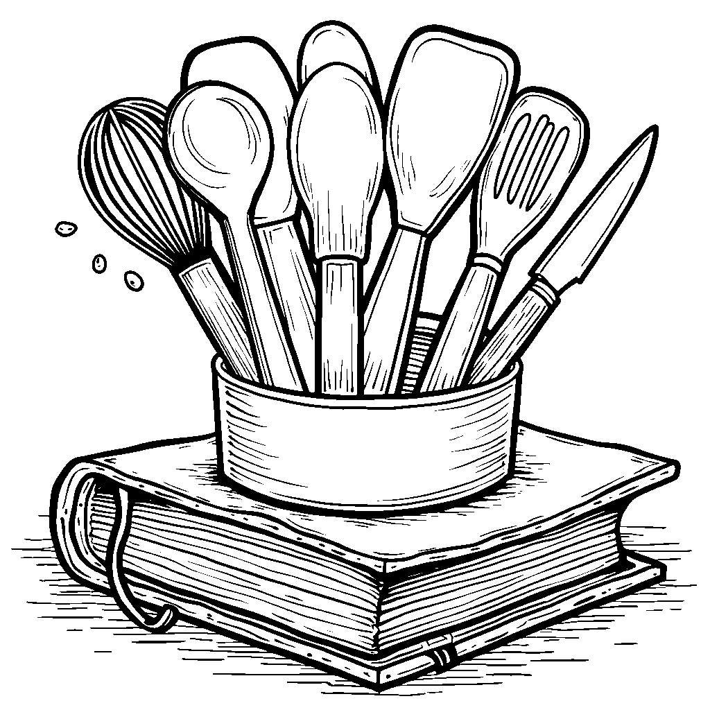 A chef's hat with utensils and a recipe book