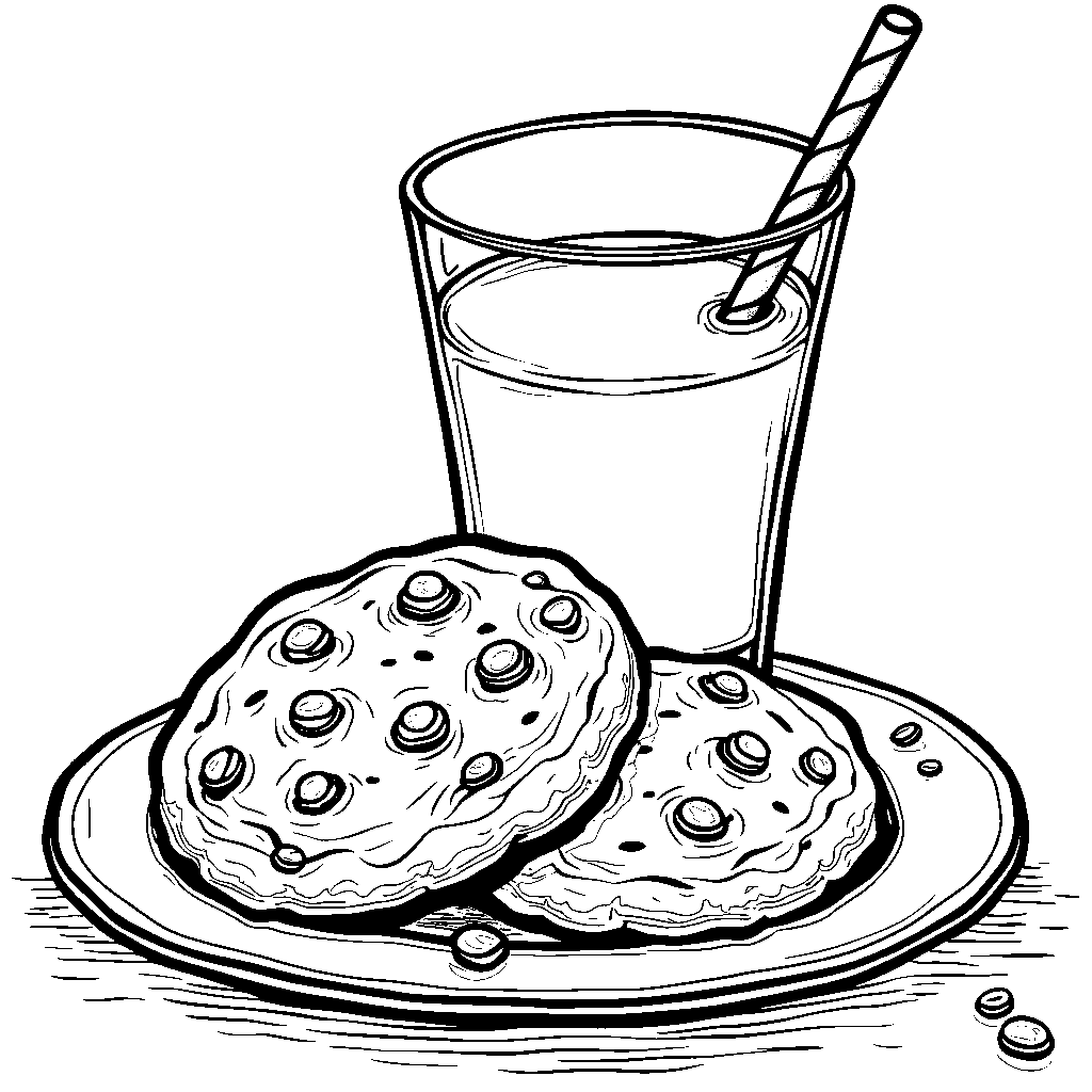 A chocolate chip cookie with a glass of milk