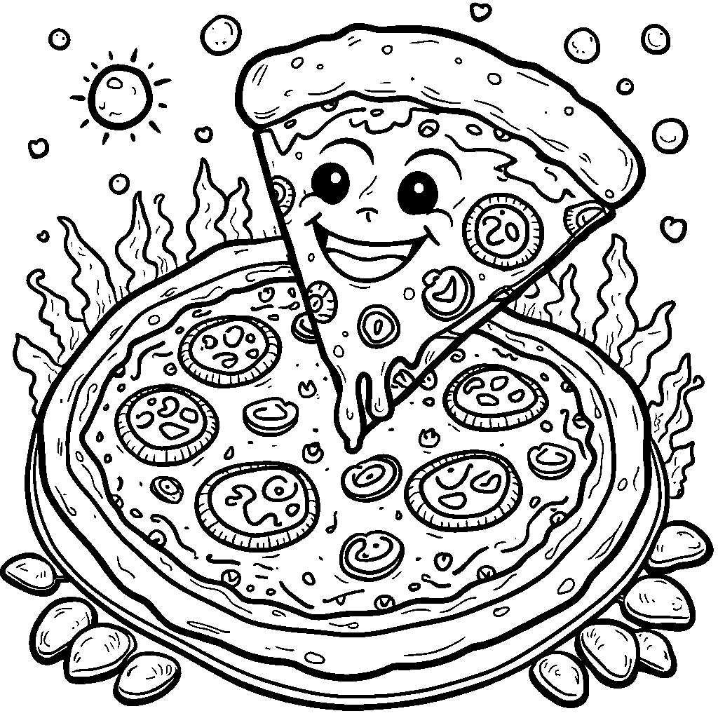 A giant pizza with a smiling face and toppings