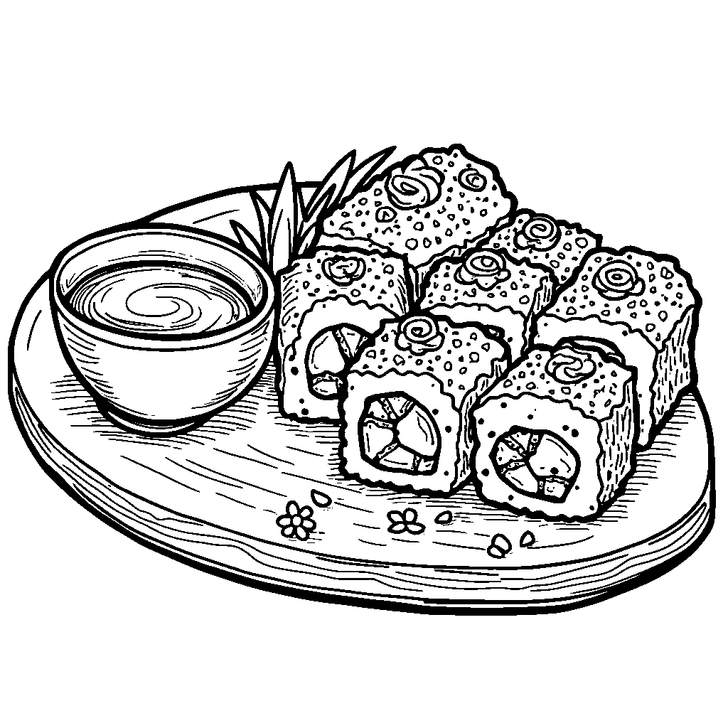 A sushi roll with wasabi and soy sauce