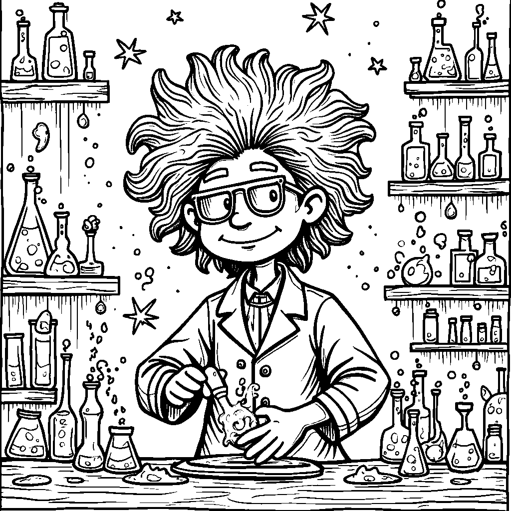 Crazy-haired scientist mixing colorful potions