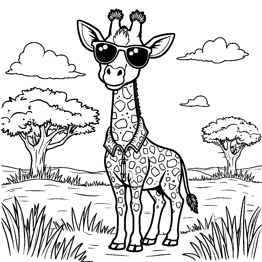 Giraffe wearing sunglasses and a Hawaiian shirt