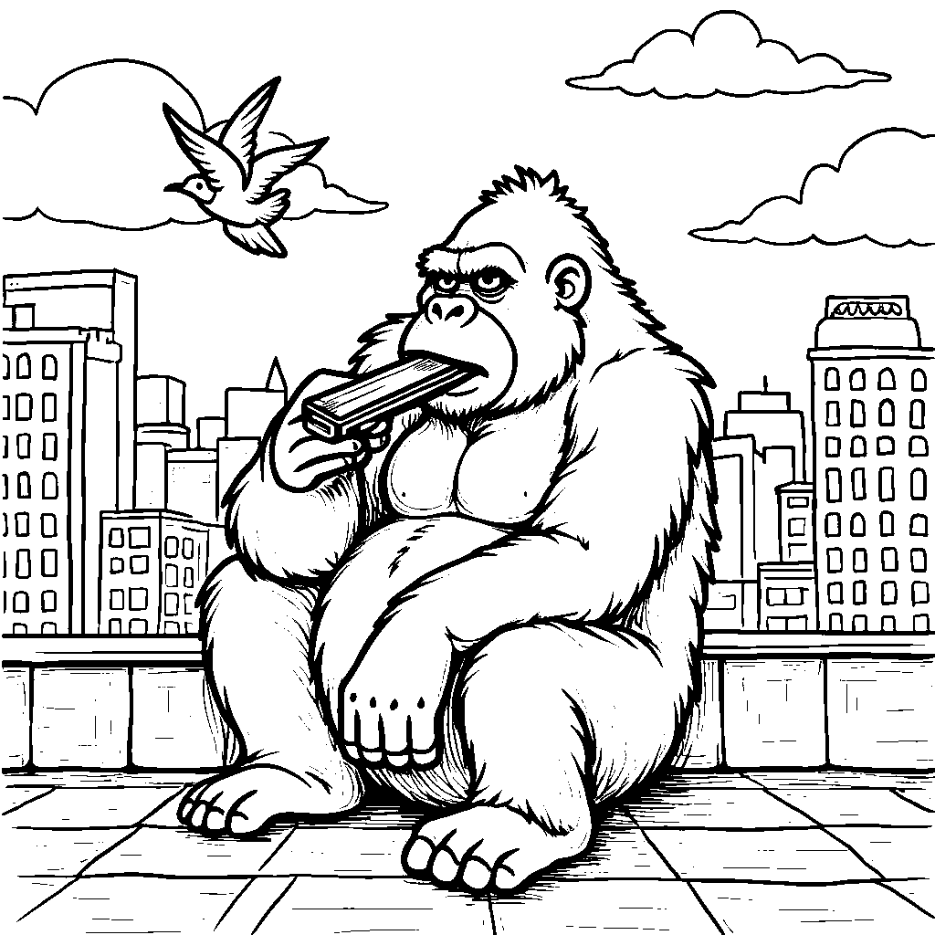 King Kong playing a harmonica