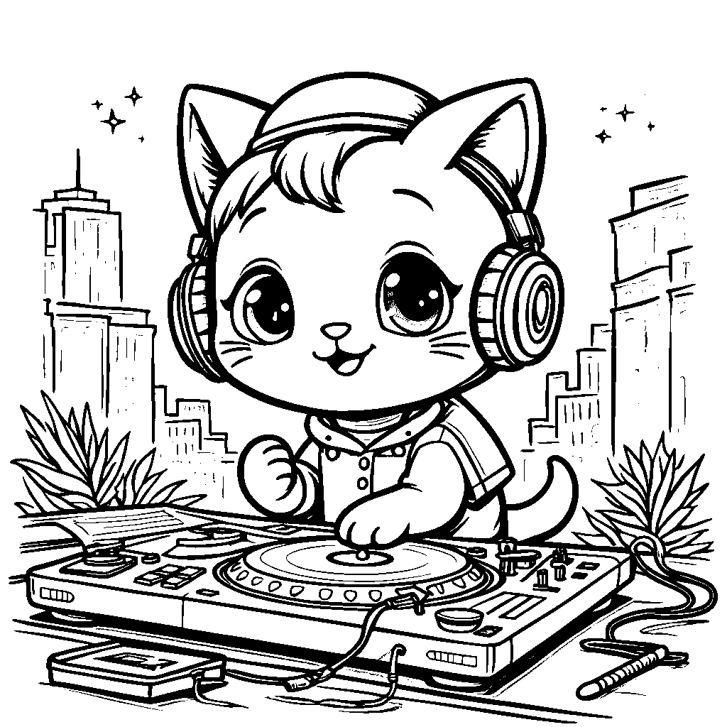 Kitty DJ spinning records