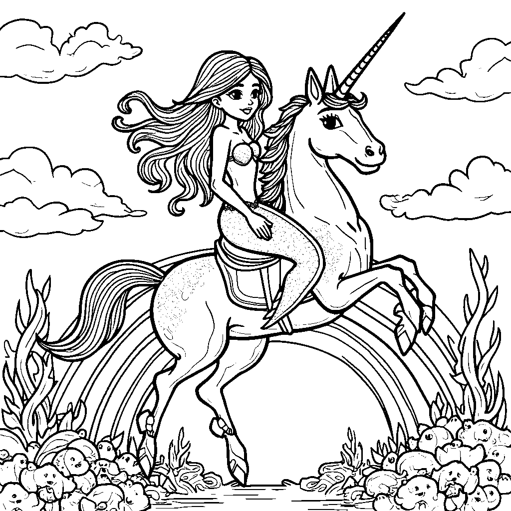 Mermaid riding a unicorn on a rainbow