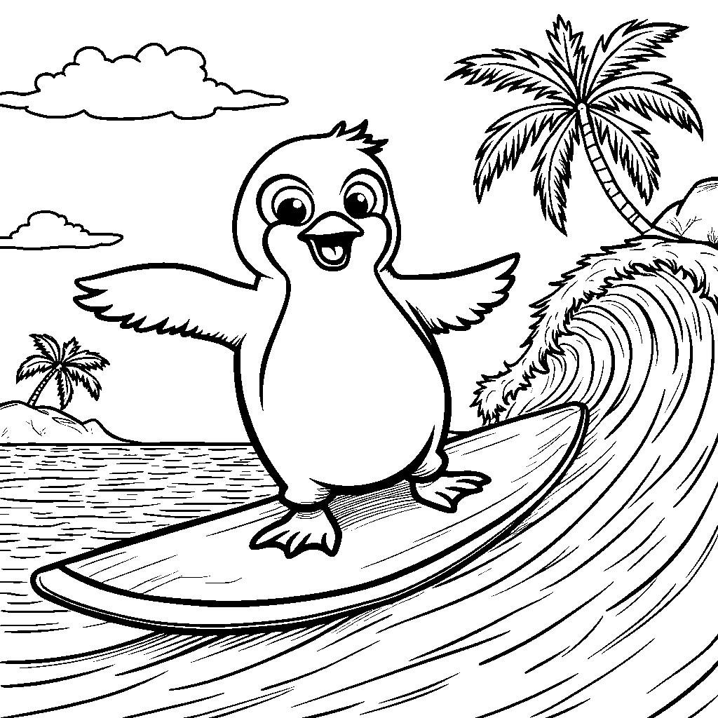 Surfing penguin riding a wave