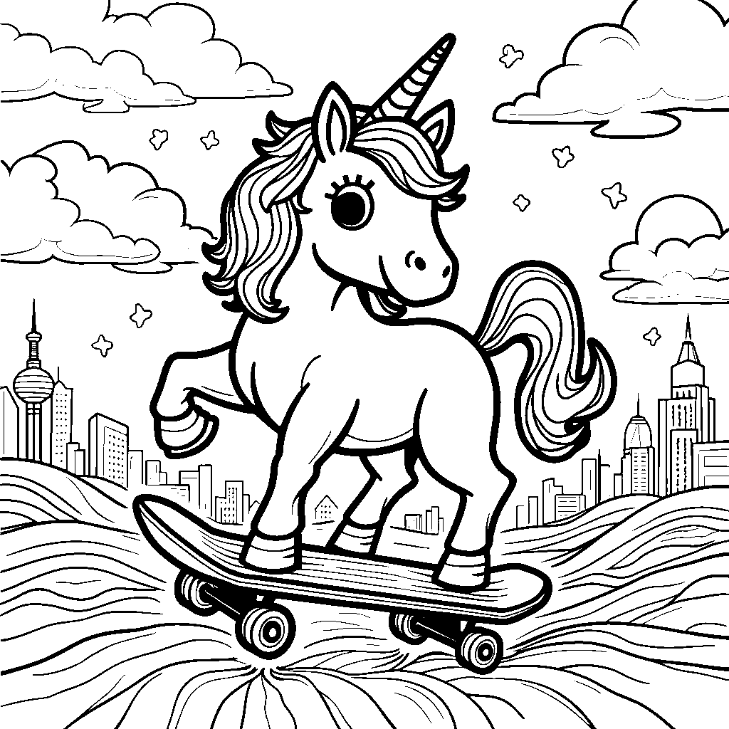 Unicorn riding a skateboard