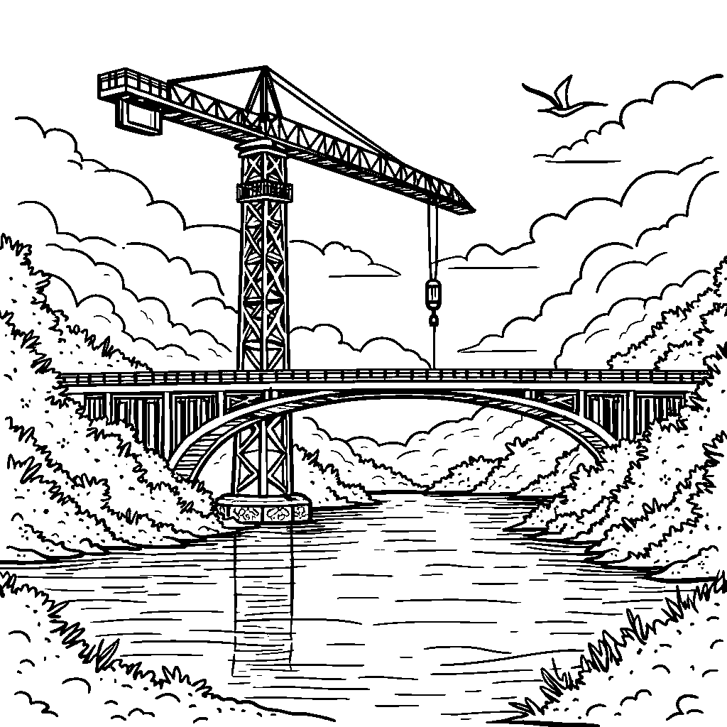 Crane building a bridge over water