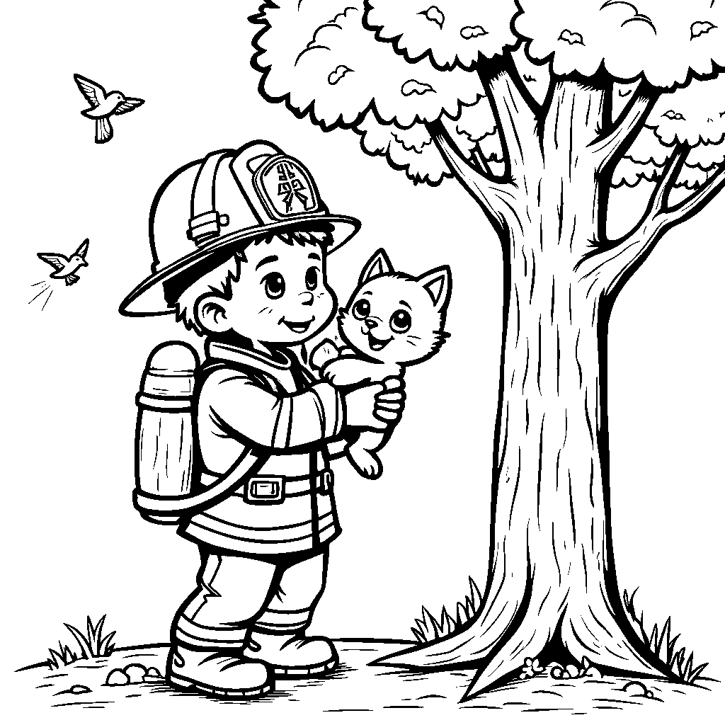 Firefighter saving a kitten from a tree