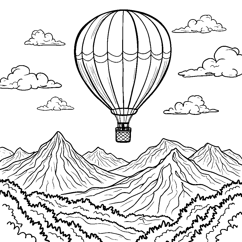 Hot air balloon soaring above mountains