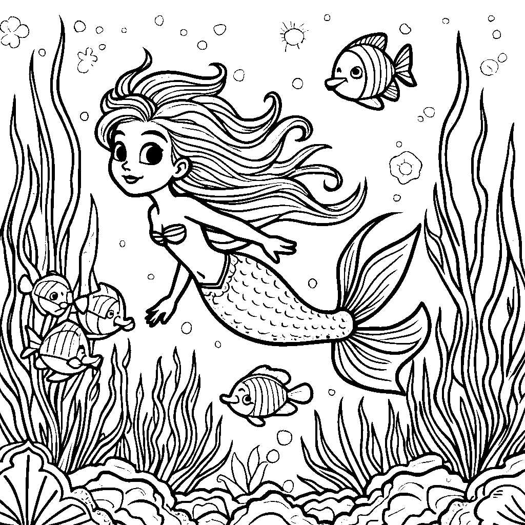 Mermaid swimming with fish in the ocean