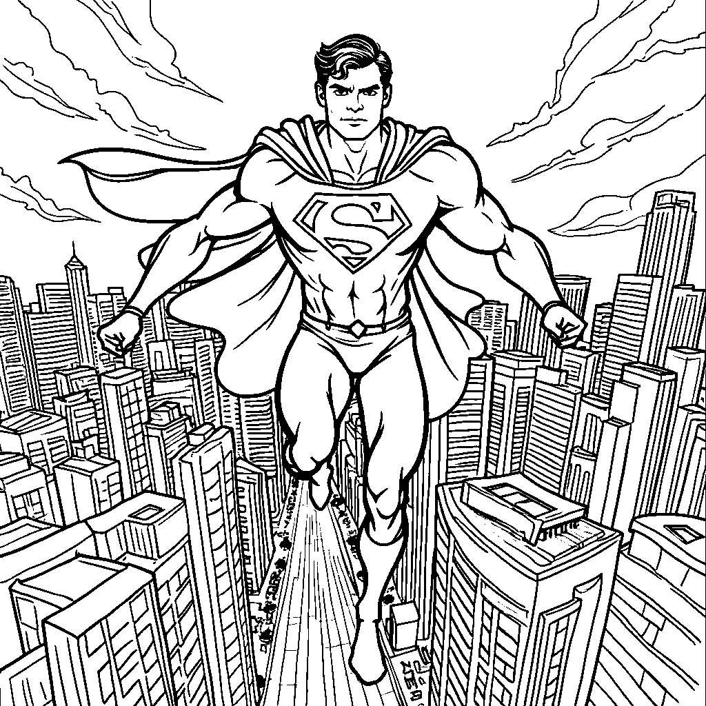 Superman soaring through Metropolis