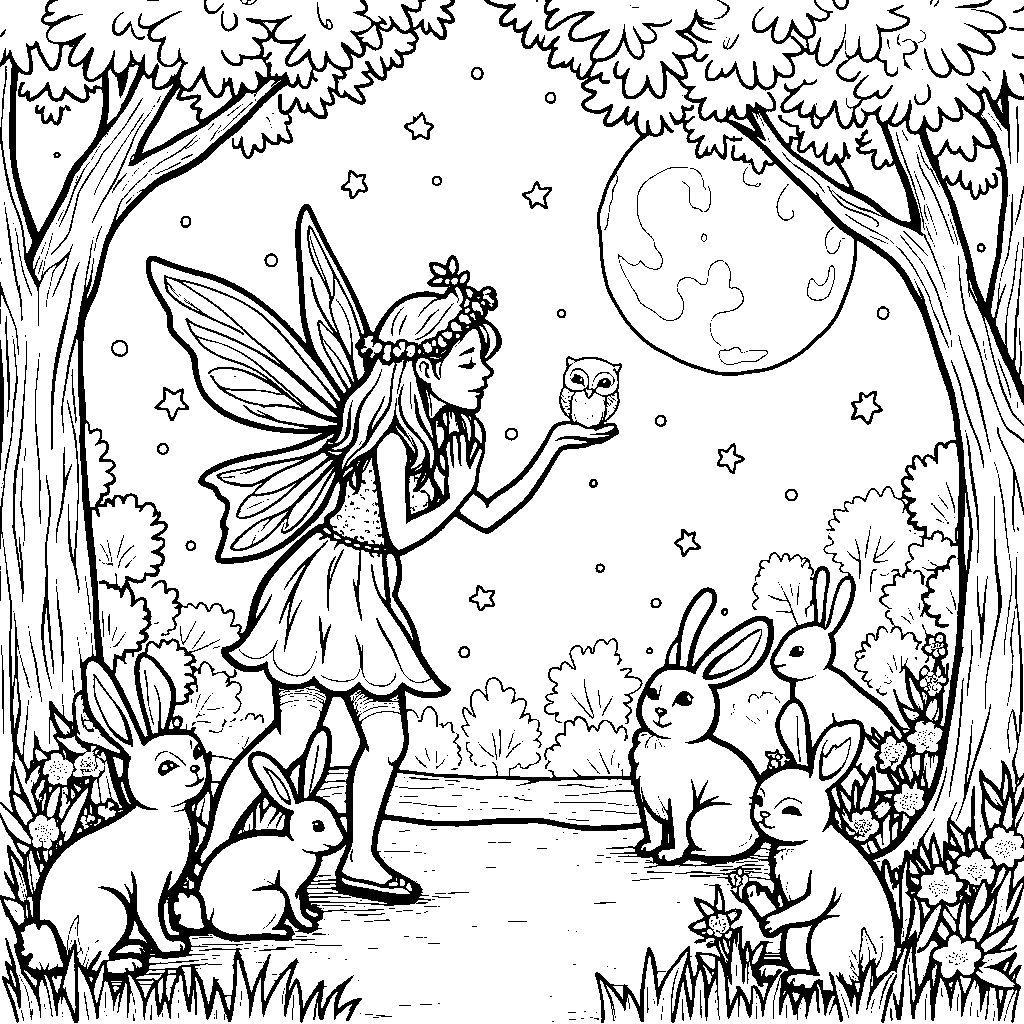 Enchanted forest with a fairy and animals