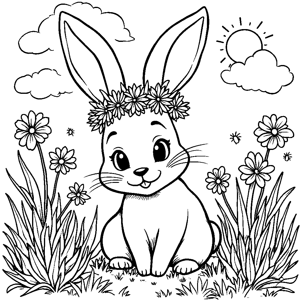 Flower crown-wearing rabbit in a meadow