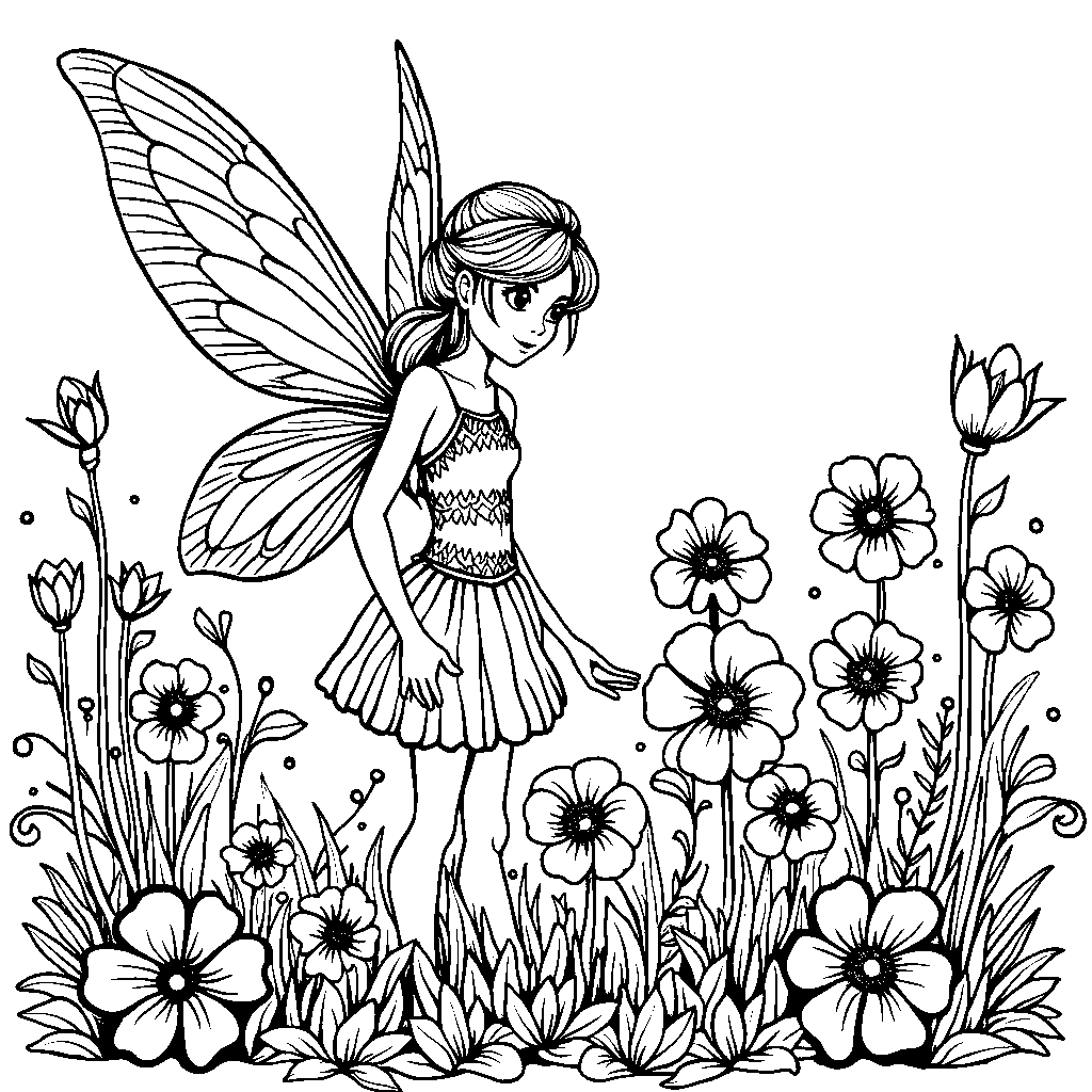 Garden fairy surrounded by flowers