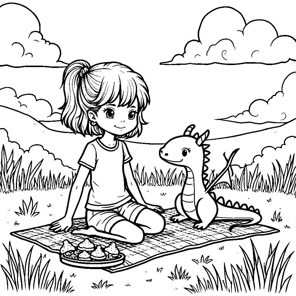 Girl and her pet dragon having a picnic