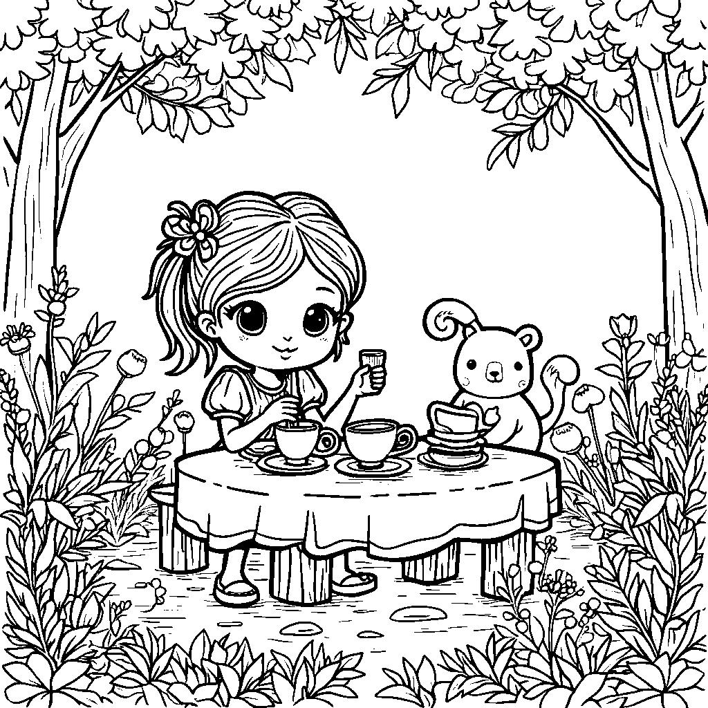 Girl having a tea party with her stuffed animals