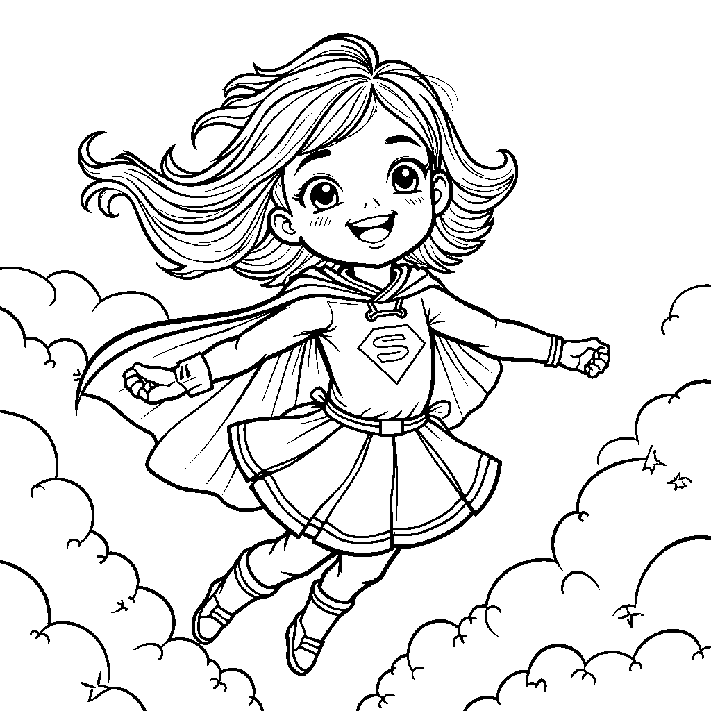 Girl in a superhero cape flying through the air