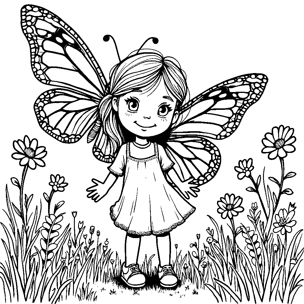 Girl playing with a giant butterfly