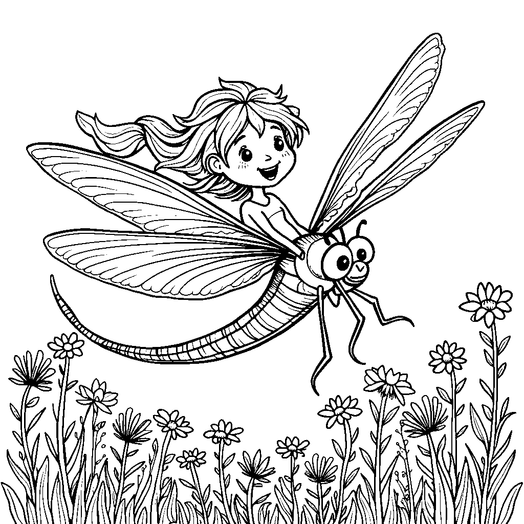 Girl riding a dragonfly in a sunny meadow