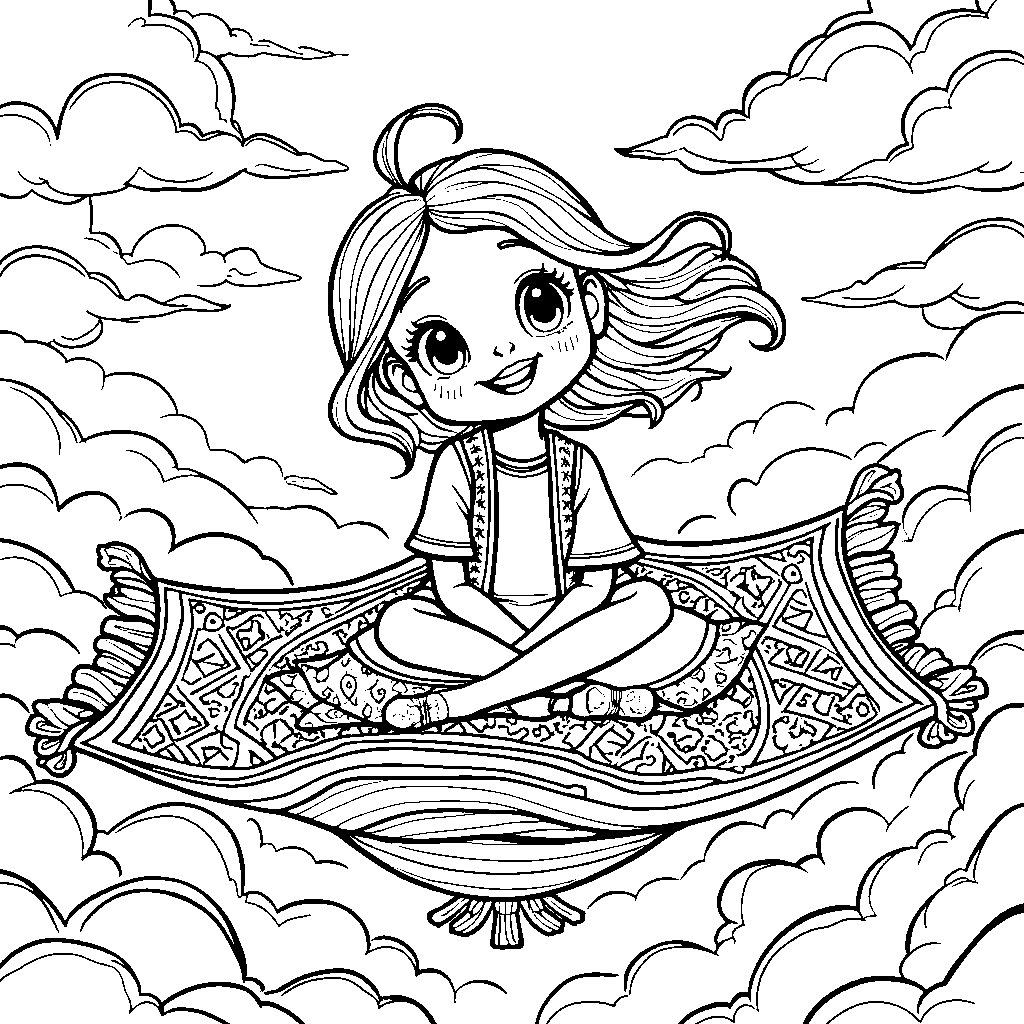 Girl riding a magic carpet through the clouds