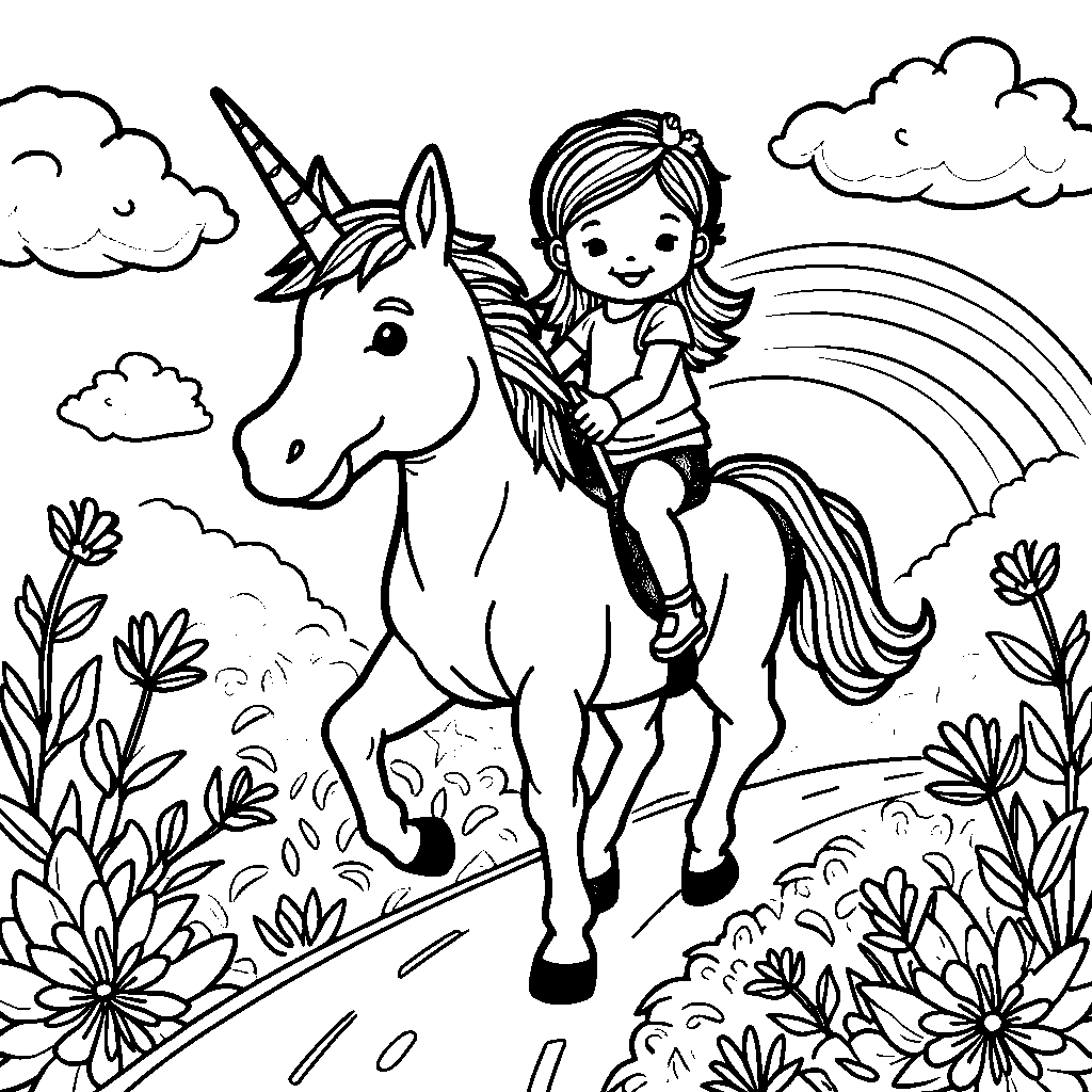 Girl riding a unicorn on a rainbow road