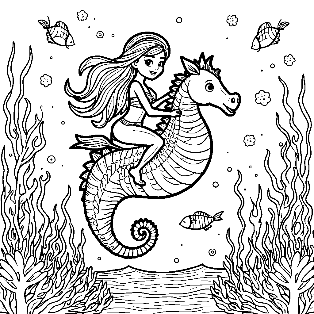 Mermaid riding a seahorse in the ocean