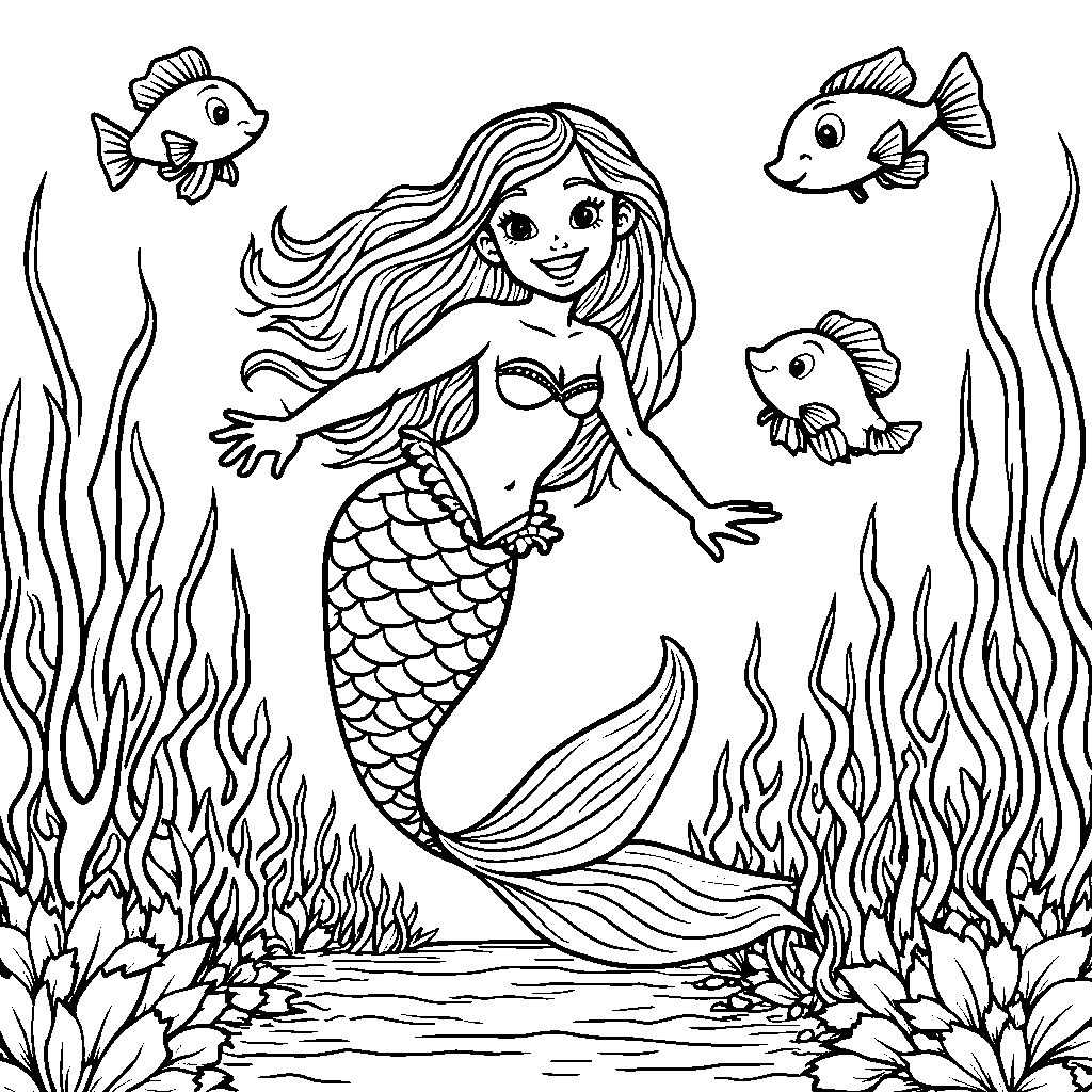 Underwater scene with a mermaid and fish friends