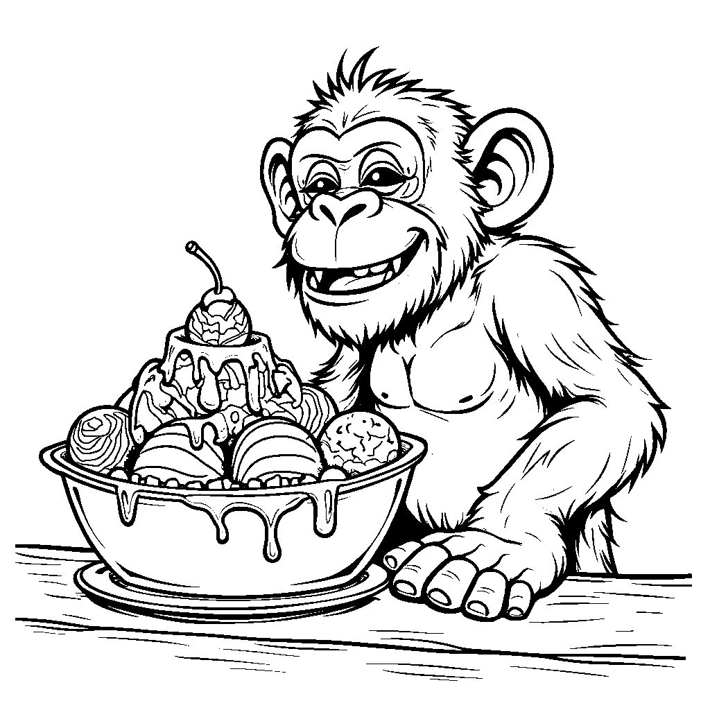 A chimpanzee eating a banana split