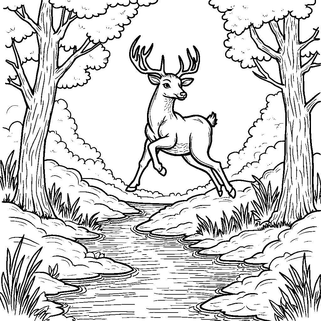 A deer leaping over a stream