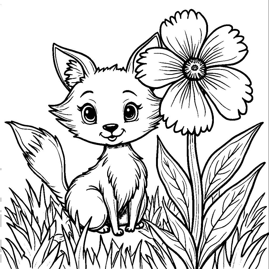 A fox playing hide-and-seek behind a flower