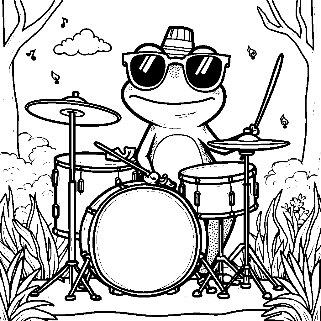 A frog playing a drumset