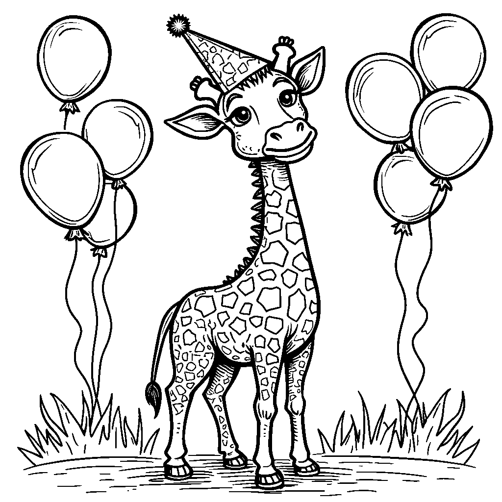 A giraffe with a party hat on its head