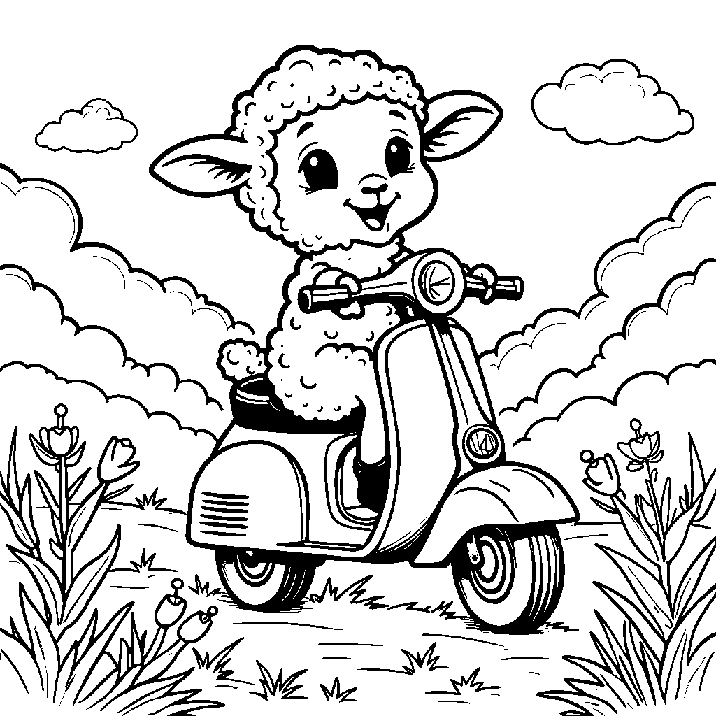 A lamb riding a scooter