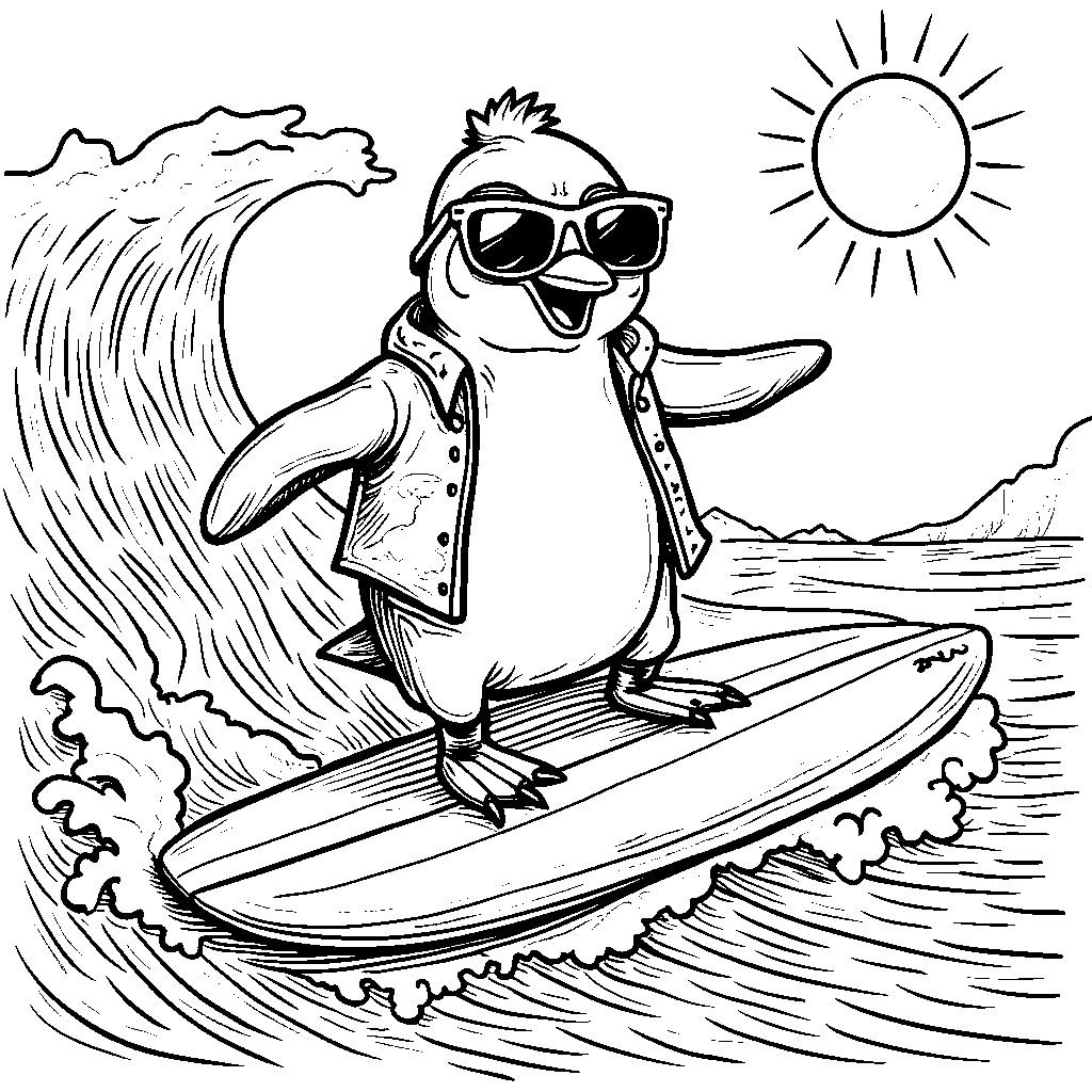 A penguin riding a surfboard