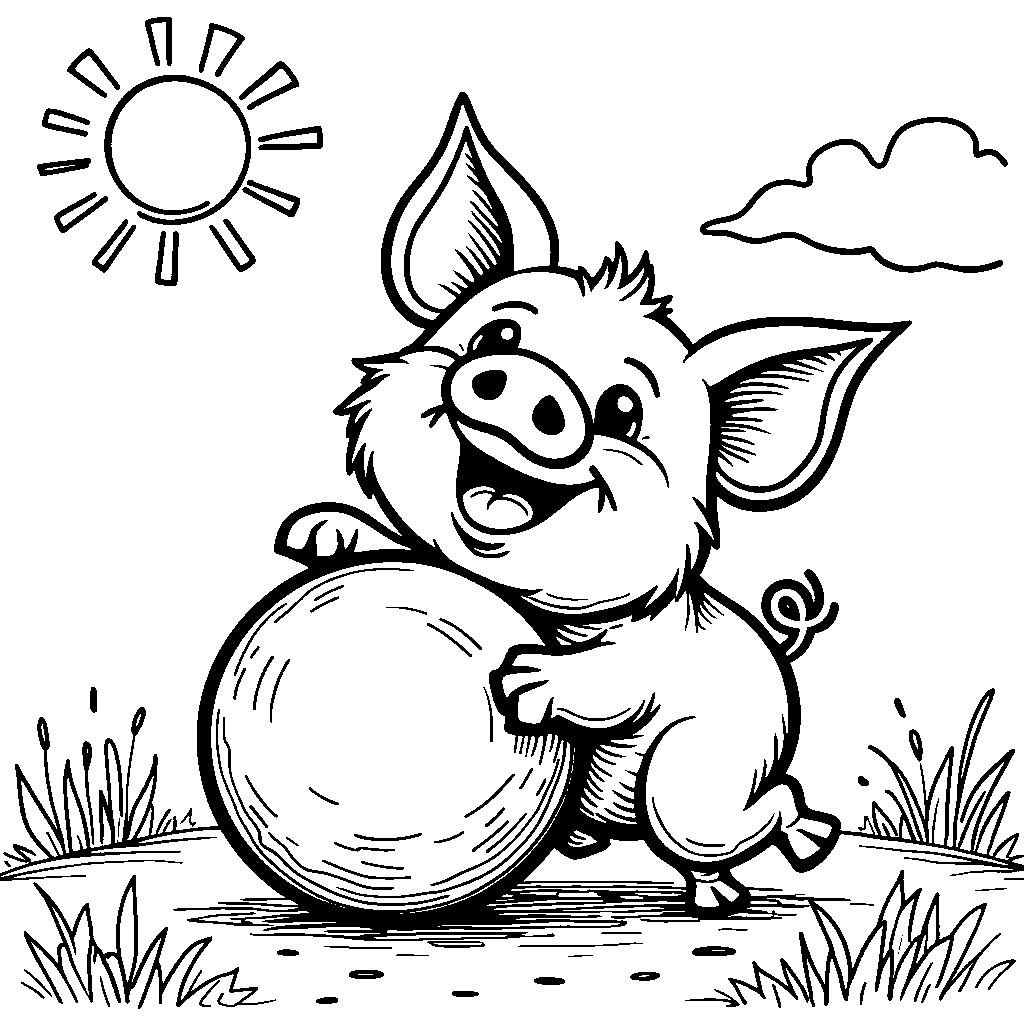 A pig playing with a ball