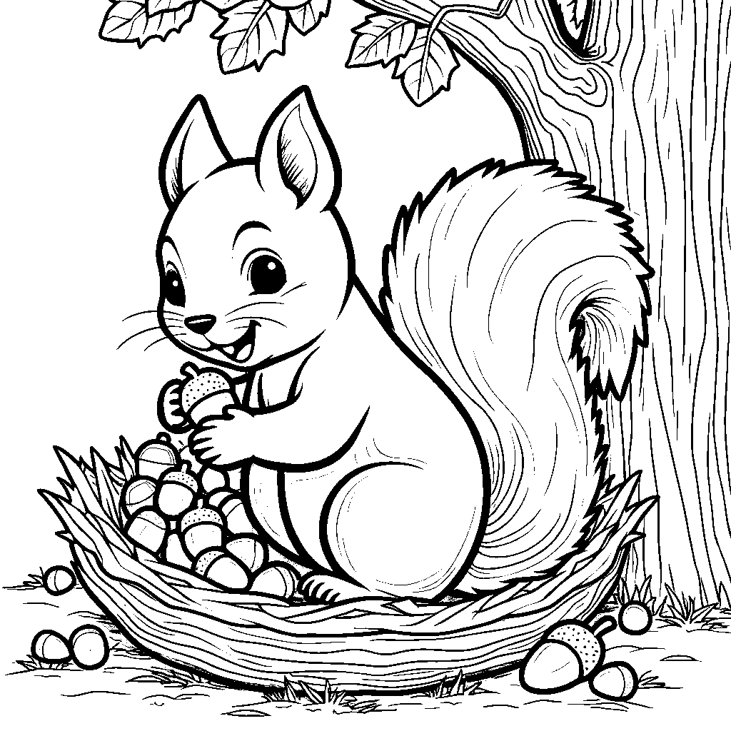 A squirrel storing acorns in a tree