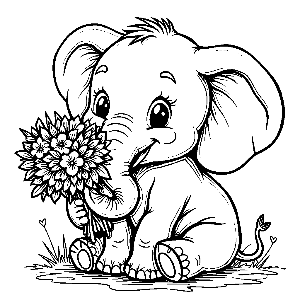 An elephant holding a bouquet of flowers