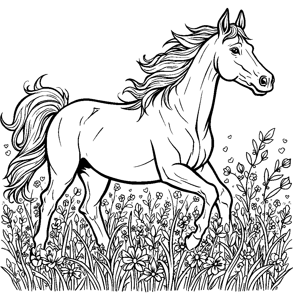 A horse running through a field of flowers