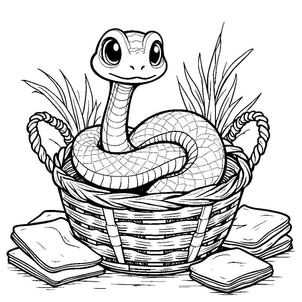 A snake curled up in a basket