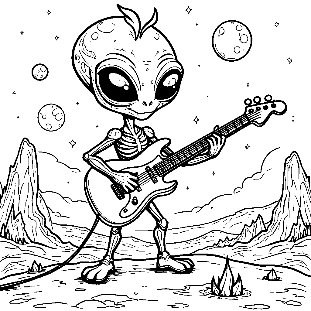 Alien playing a guitar on a distant planet