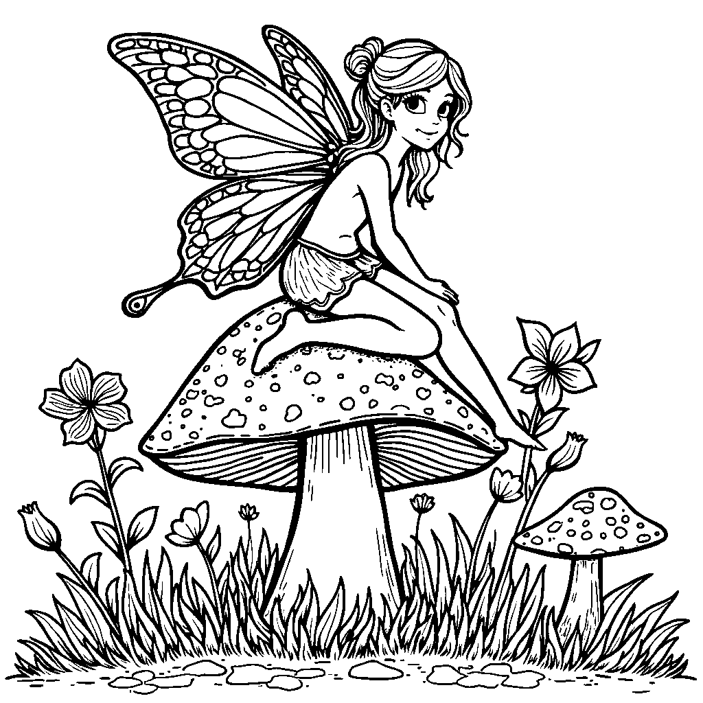 Butterfly fairy sitting on a mushroom in a garden