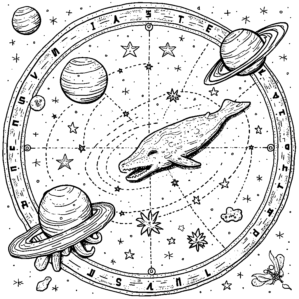 Celestial map with stars and planets shaped like animals