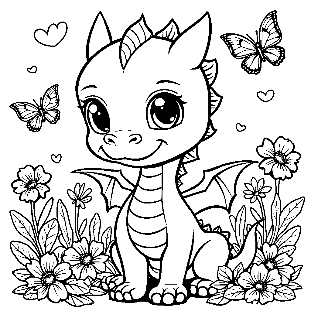 Cute dragon surrounded by flowers and butterflies