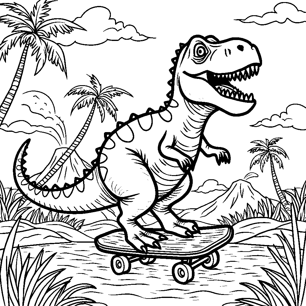 Dinosaur riding a skateboard through a prehistoric landscape