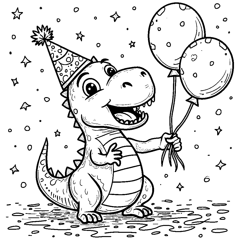 Dinosaur wearing a party hat and holding balloons