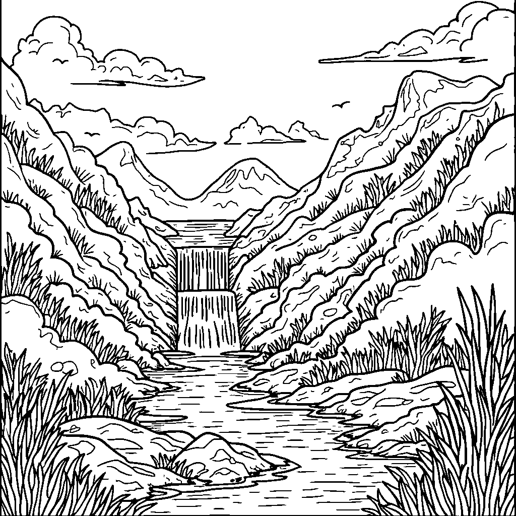 Fantasy landscape with rolling hills and sparkling waterfalls